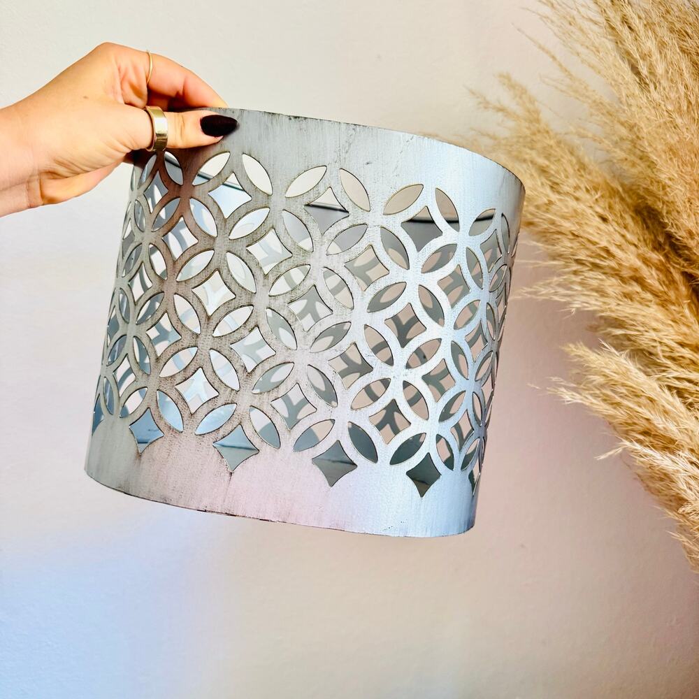 VINTAGE Brushed Silver Grey Cut Out Swirl Abstract Metal Waste Basket Trash Can